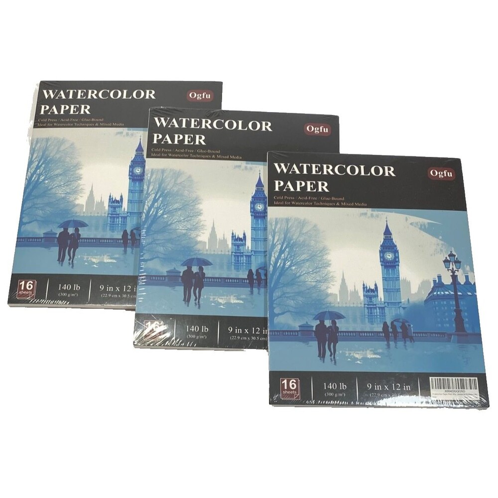 3 Ogfu Watercolor Paper Pads 9x12 140 lb Cold Press 16 Sheets ea=48~Lot of 3 NEW